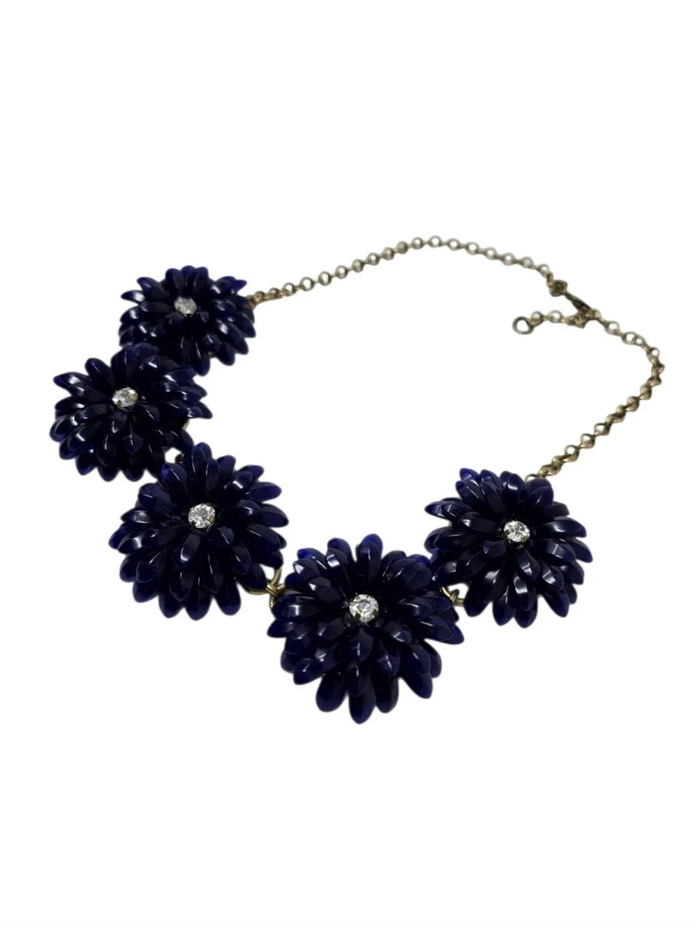 J Crew Articulated Petals & Rhinestone Gold Tone Chain Statement Necklace Navy